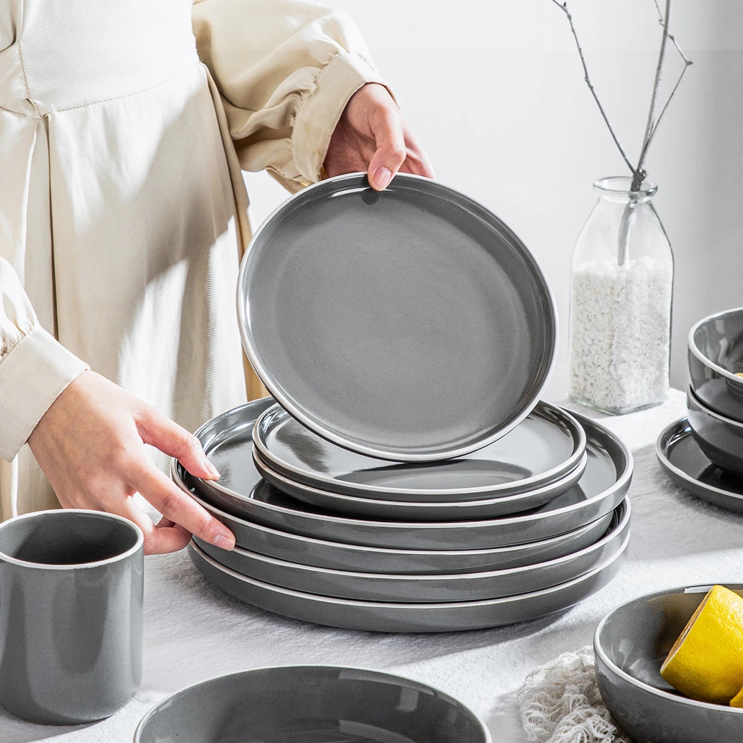 The Nordic Ash Collection: Architectural Sesame Glaze Stoneware | 16, 32, or 48-Piece