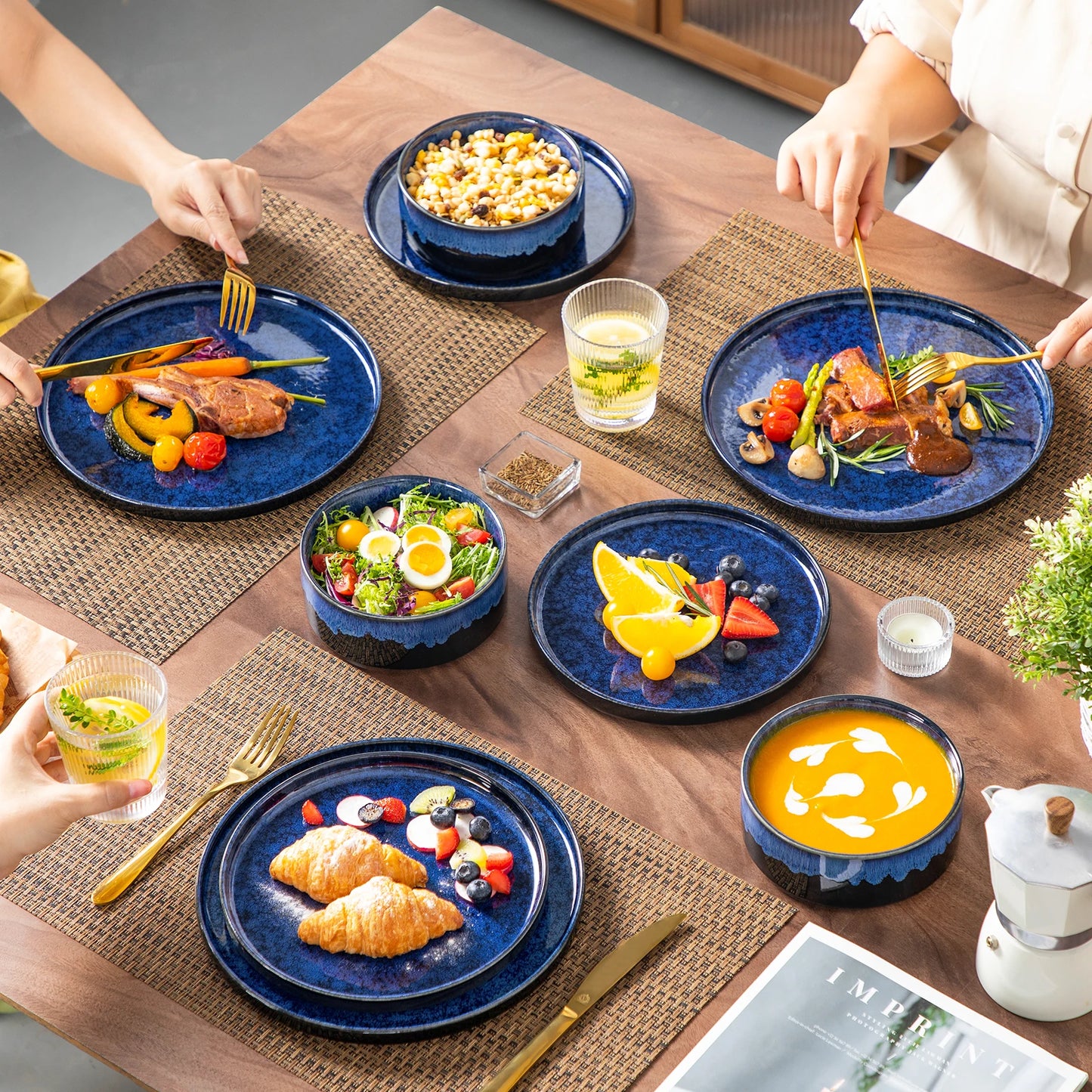 The Celestial Reactive Glaze Collection: Artisan Stoneware Dinner Set in Midnight Cobalt | Kiln-Fired Service for 12, 24, or 36