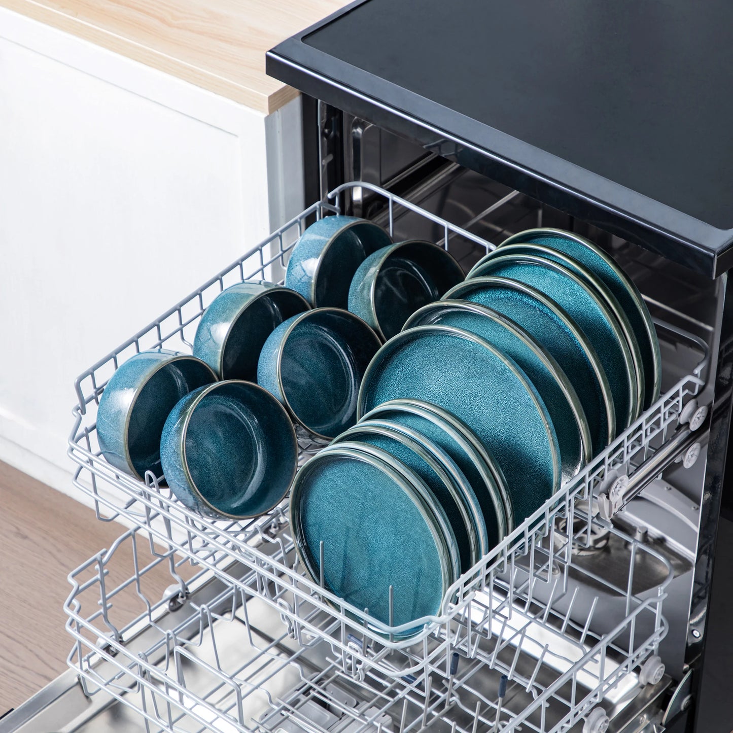 The Vega Oceanus Collection: Architectural Reactive Glaze Dinner Set in Aegean Blue | 18 or 36-Piece