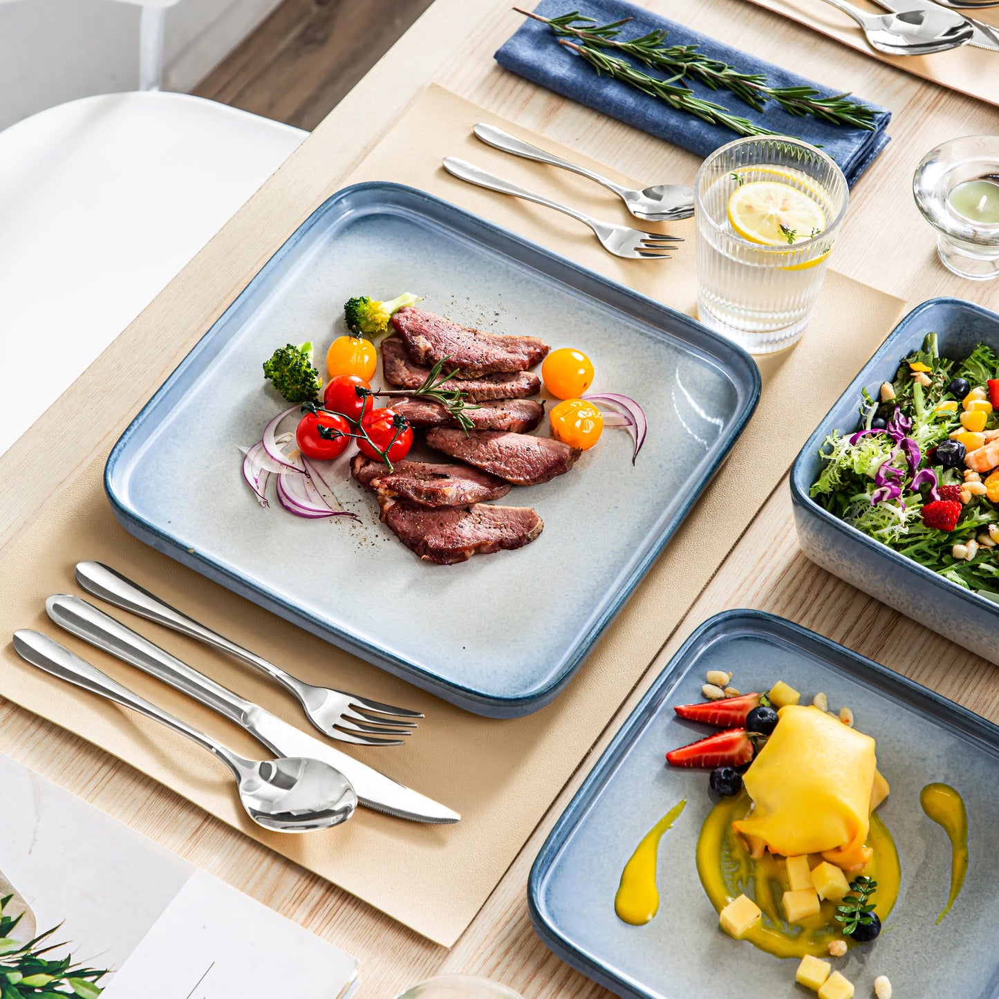 The Horizon Collection: Soft-Square Reactive Glaze Dinner Set in Sand & Sea | 12 or 24-Piece