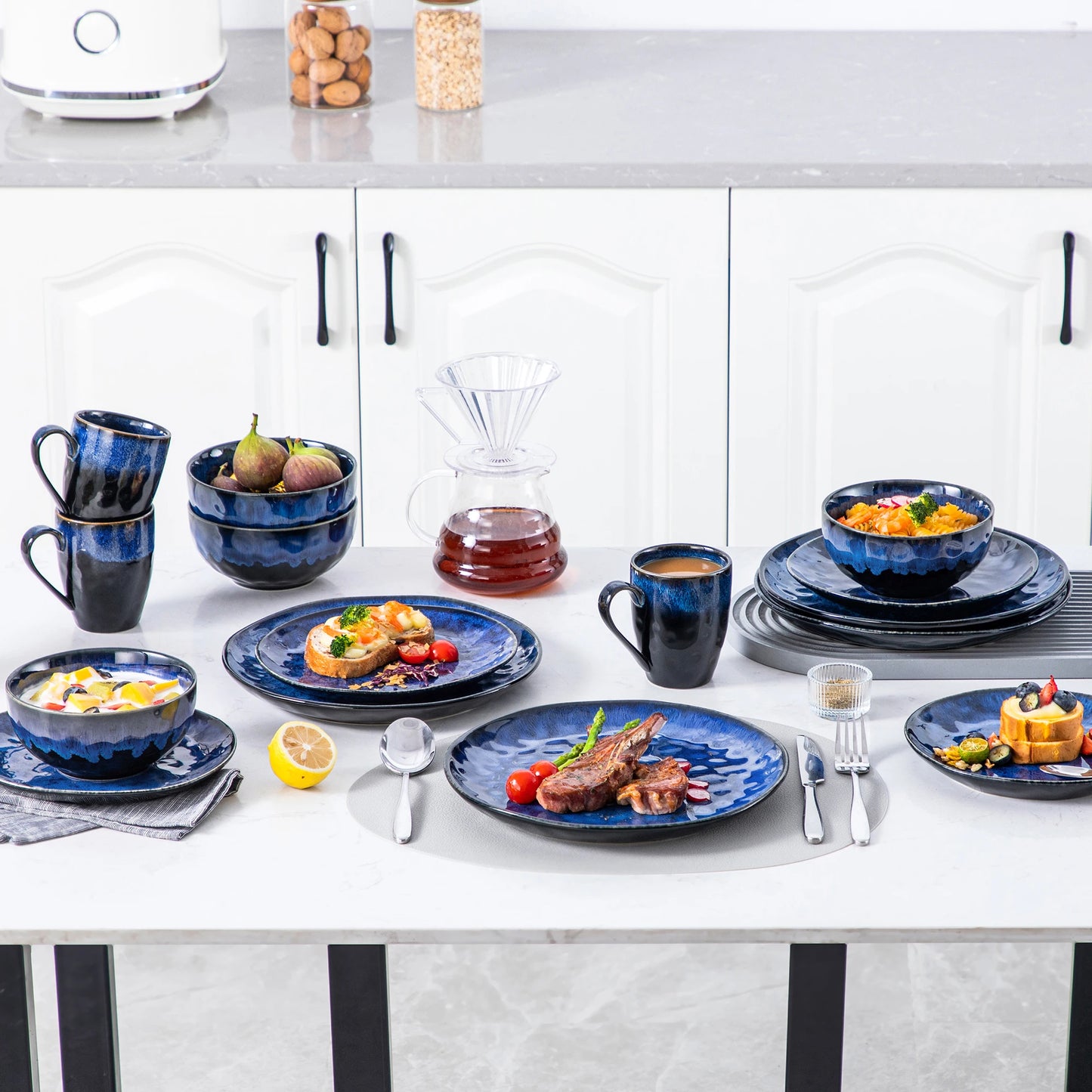 The Celestial Blue Collection: Artisan Reactive Glaze Stoneware in Midnight Azure | 16, 32, or 48-Piece