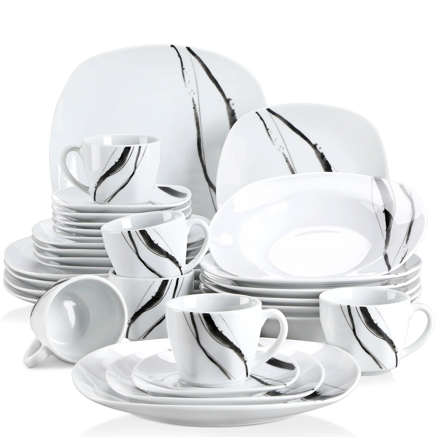 The Teresa Ink Collection: Soft-Square Fine Porcelain with Charcoal Brushstroke | 30 or 60-Piece