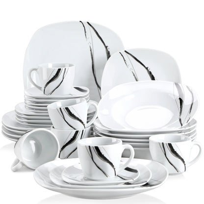 The Teresa Ink Collection: Soft-Square Fine Porcelain with Charcoal Brushstroke | 30 or 60-Piece