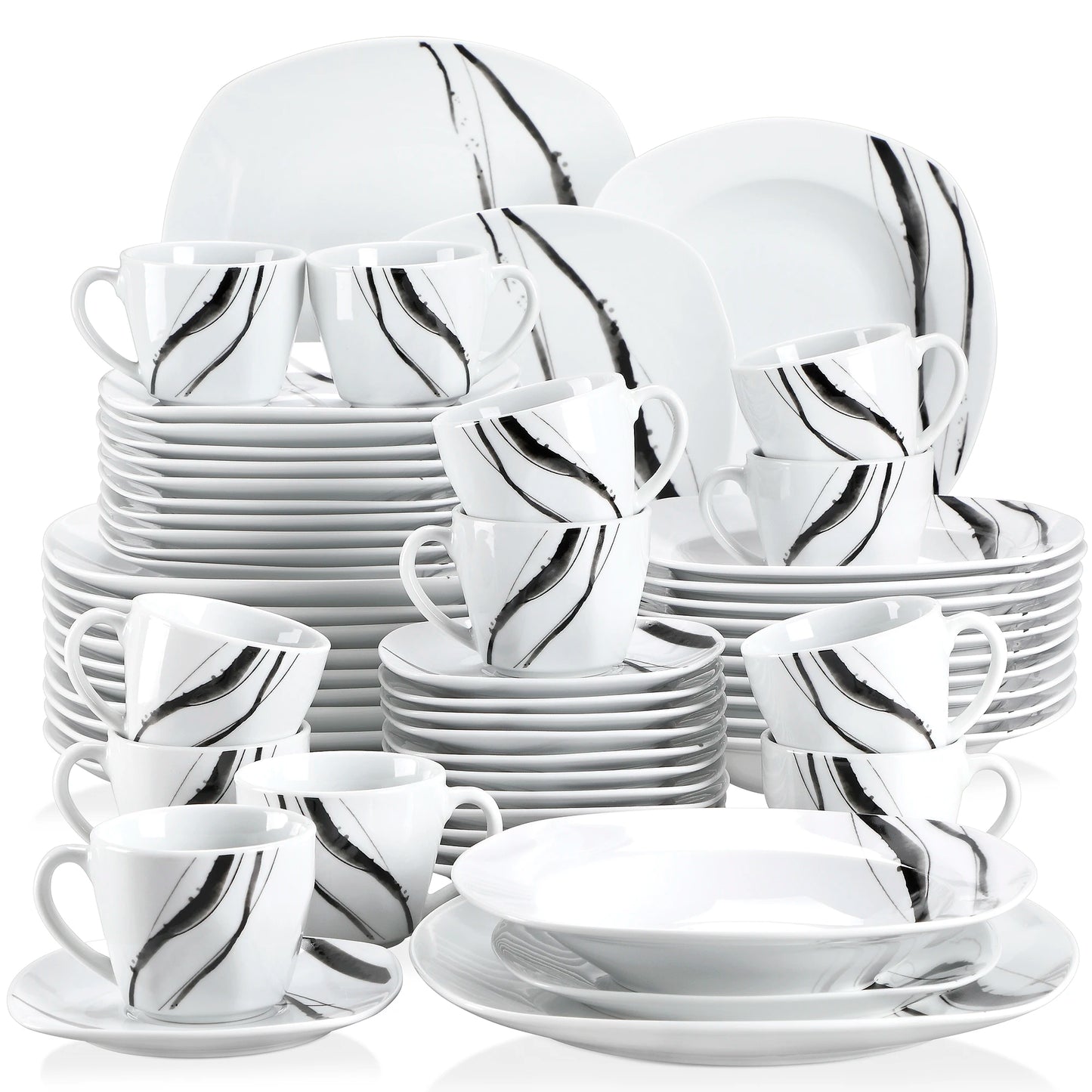 The Teresa Ink Collection: Soft-Square Fine Porcelain with Charcoal Brushstroke | 30 or 60-Piece