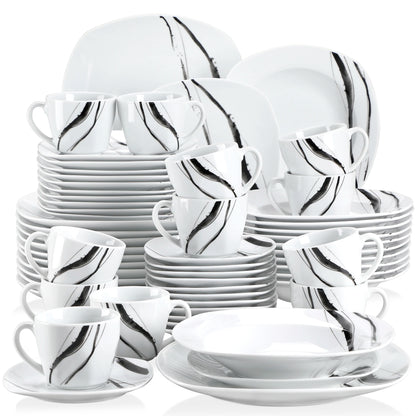 The Teresa Ink Collection: Soft-Square Fine Porcelain with Charcoal Brushstroke | 30 or 60-Piece