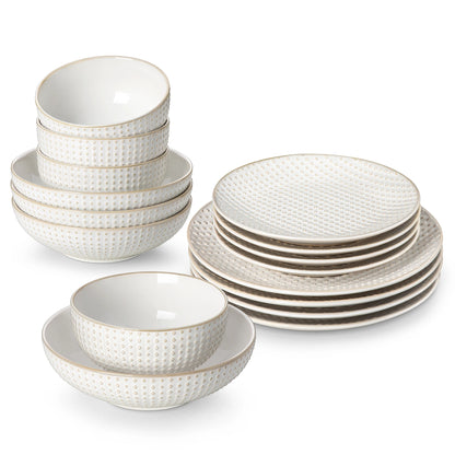The Lydia Relief Collection: Soft-Square Embossed Porcelain Dinner Set | 16 or 32-Piece