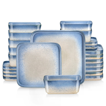 The Horizon Collection: Soft-Square Reactive Glaze Dinner Set in Sand & Sea | 12 or 24-Piece