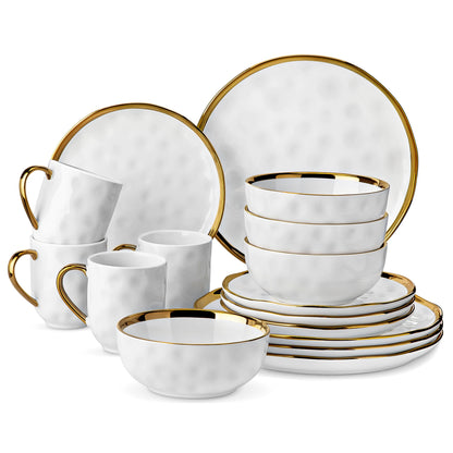 The Pearl Gilded Collection: Hammered Porcelain Dinner Set with Hand-Painted Gold Rim | 16 or 32-Piece