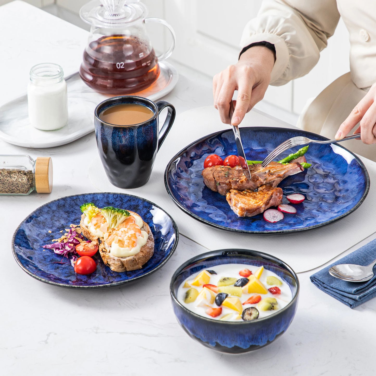 The Celestial Blue Collection: Artisan Reactive Glaze Stoneware in Midnight Azure | 16, 32, or 48-Piece