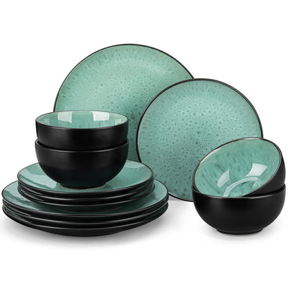 The Nebula Contrast Collection: Artisan Stoneware in Matte Onyx & Reactive Jade | 12-Piece
