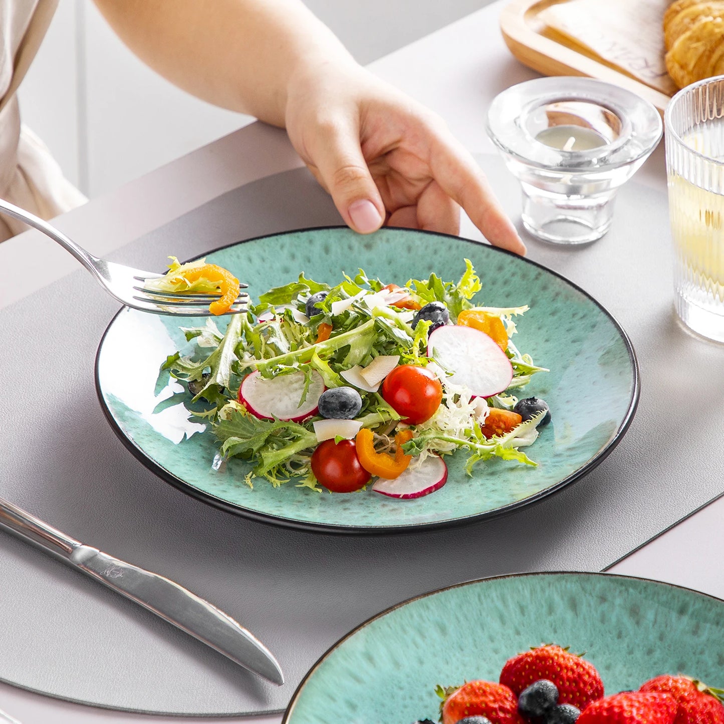 The Nebula Contrast Collection: Artisan Stoneware in Matte Onyx & Reactive Jade | 12-Piece