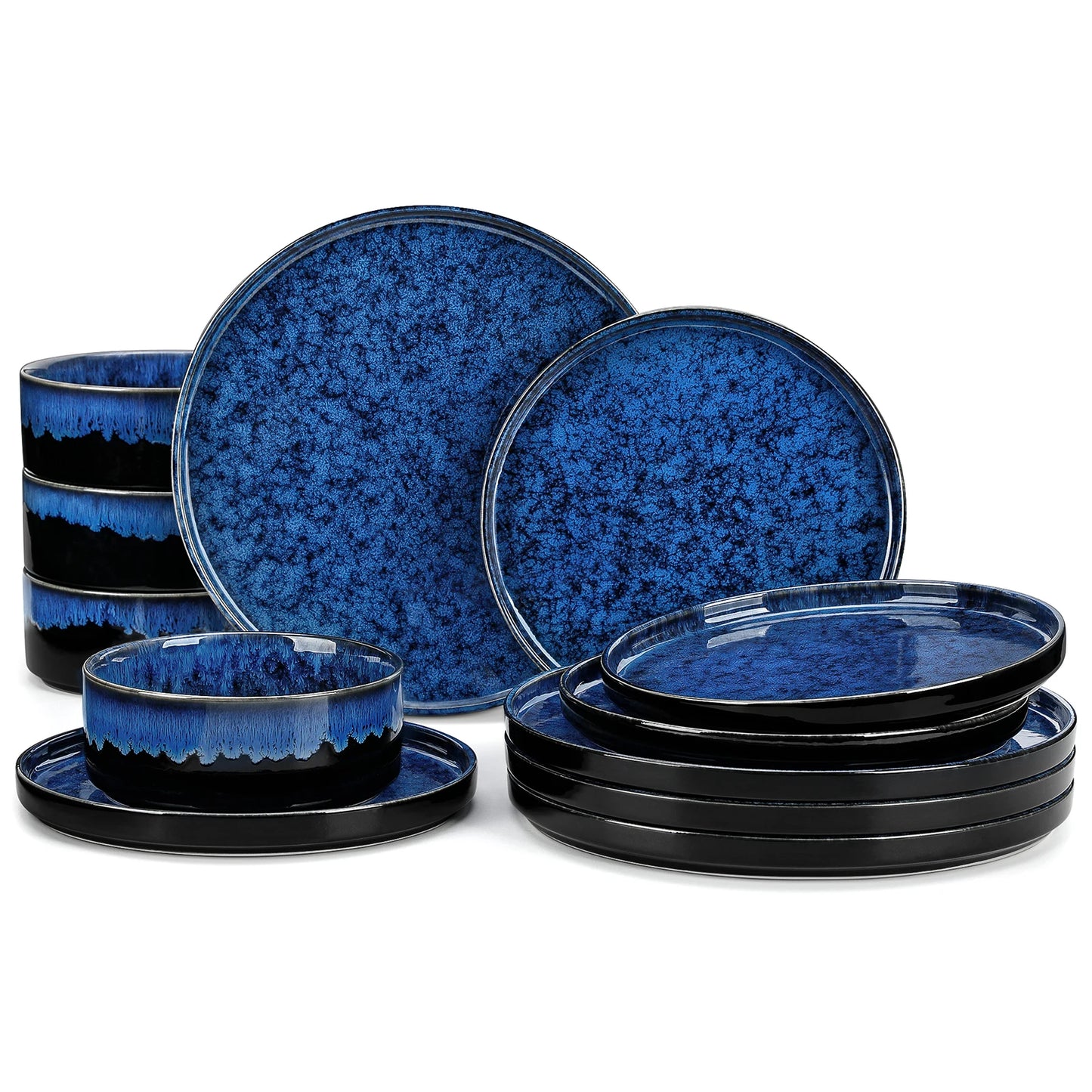 The Celestial Reactive Glaze Collection: Artisan Stoneware Dinner Set in Midnight Cobalt | Kiln-Fired Service for 12, 24, or 36