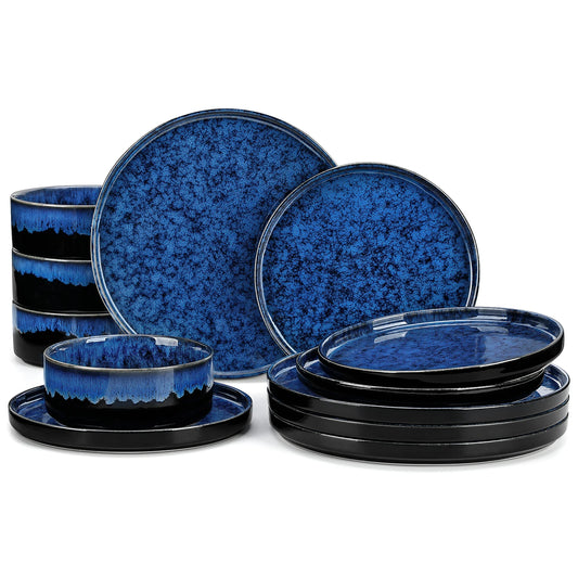 The Celestial Reactive Glaze Collection: Artisan Stoneware Dinner Set in Midnight Cobalt | Kiln-Fired Service for 12, 24, or 36