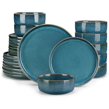 The Vega Abyss Collection: Architectural Reactive Glaze Dinner Set in Deep Teal | 12 or 24-Piece