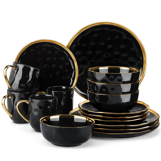 The Obsidian Gilded Collection: Hammered Black Porcelain Dinner Set with Hand-Painted Gold Rim | 16 or 32-Piece