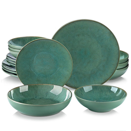 The Karst Forest Collection: Moss-Green Textured Artisan Stoneware | 16, 32, or 48-Piece