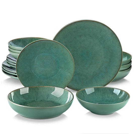 The Karst Forest Collection: Moss-Green Textured Artisan Stoneware | 16, 32, or 48-Piece