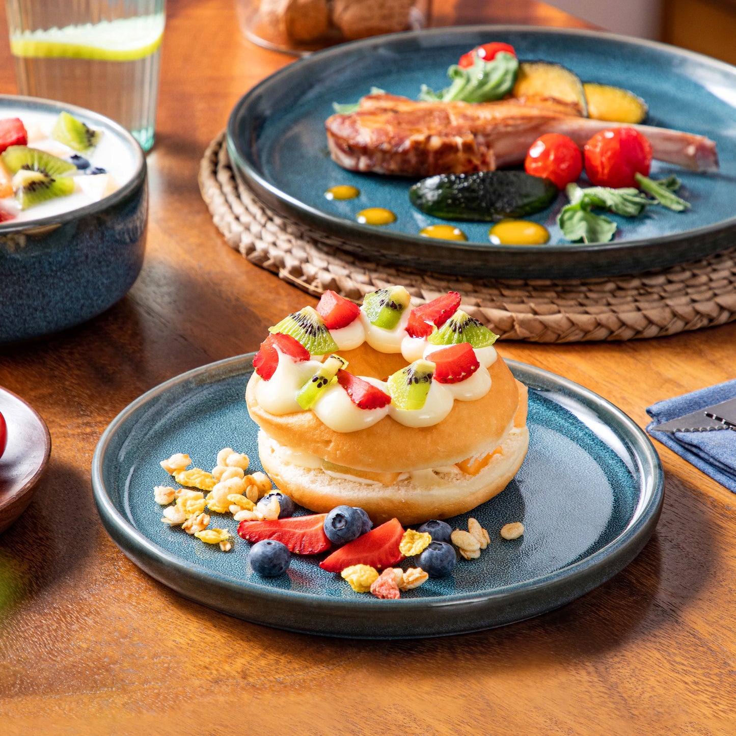 The Vega Abyss Collection: Architectural Reactive Glaze Dinner Set in Deep Teal | 12 or 24-Piece