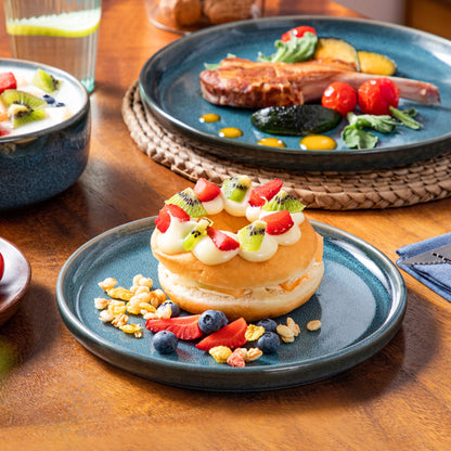 The Vega Abyss Collection: Architectural Reactive Glaze Dinner Set in Deep Teal | 12 or 24-Piece