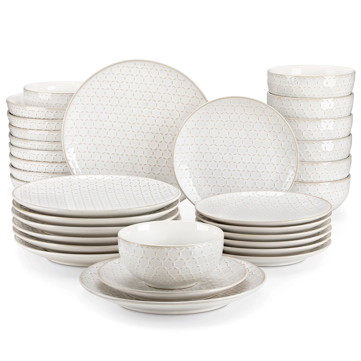 The Lydia Relief Collection: Soft-Square Embossed Porcelain Dinner Set | 16 or 32-Piece