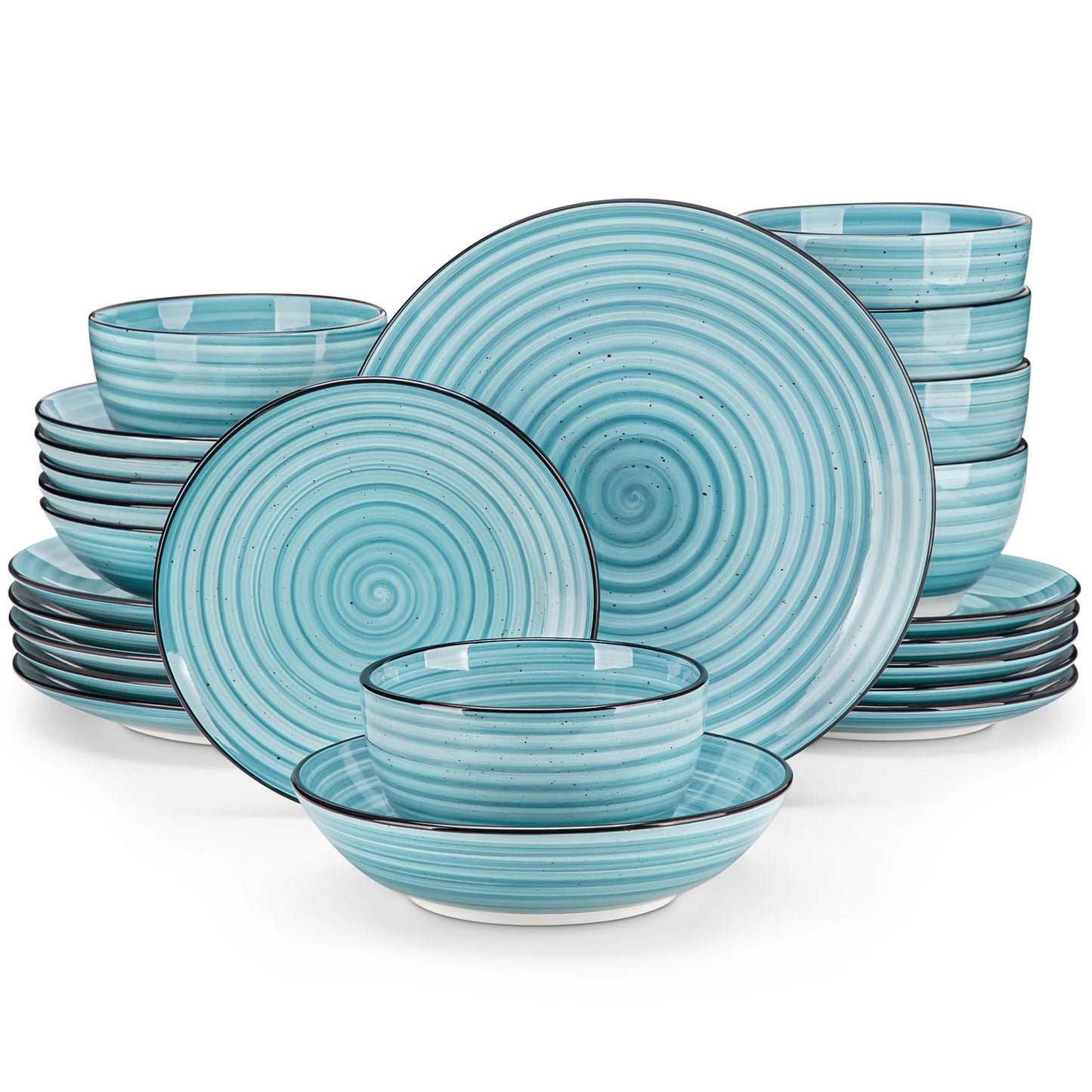 The Tidal Rhythm Collection: Hand-Painted Azure Spiral Porcelain | 24 or 48-Piece