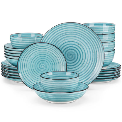 The Tidal Rhythm Collection: Hand-Painted Azure Spiral Porcelain | 24 or 48-Piece