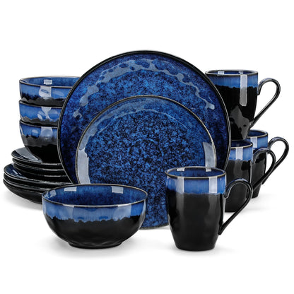 The Celestial Blue Collection: Artisan Reactive Glaze Stoneware in Midnight Azure | 16, 32, or 48-Piece