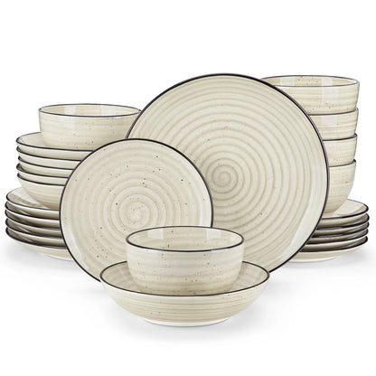 The Artisan Spiral Collection: Hand-Painted Stoneware in Sand & Earth | 16, 32, or 48-Piece