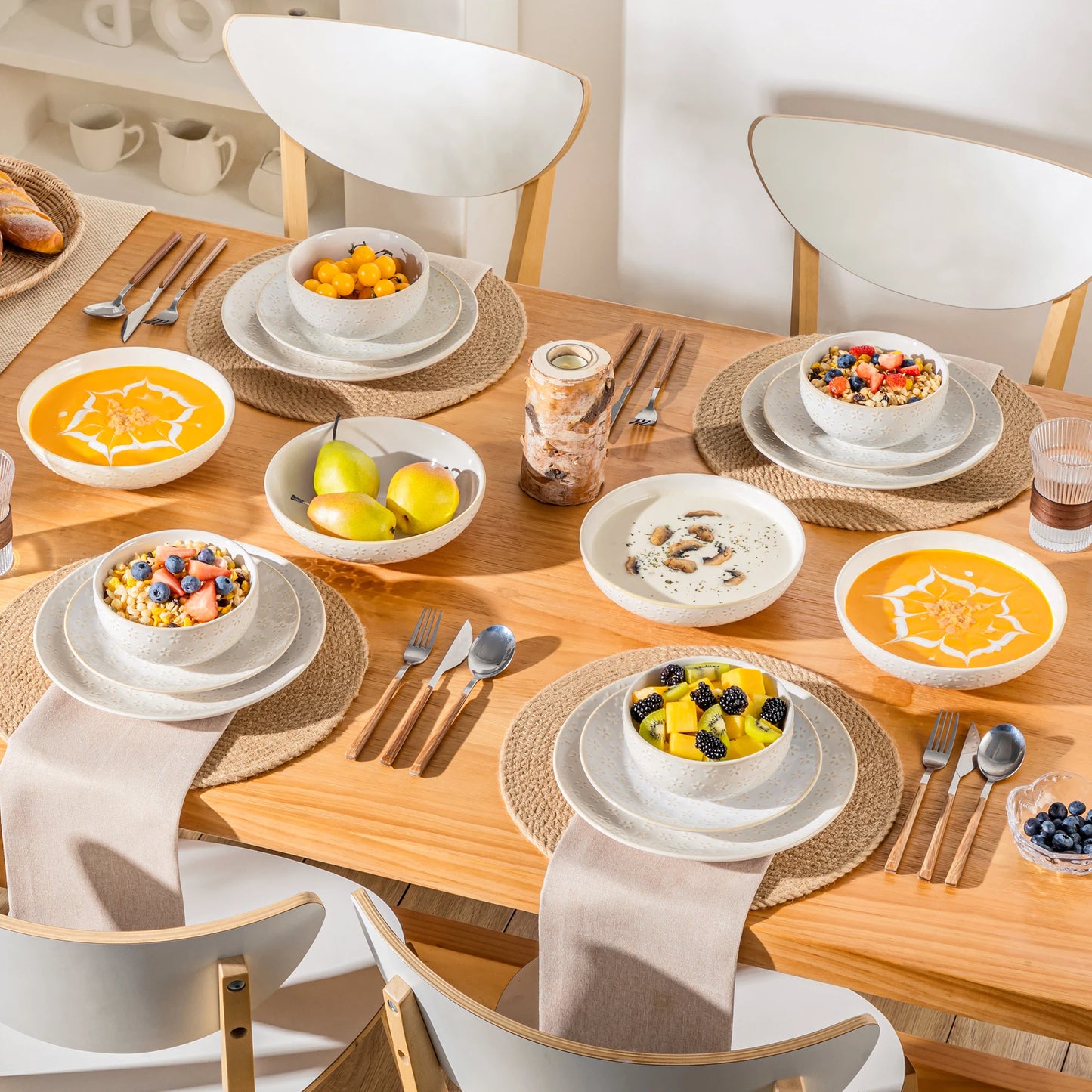 The Lydia Relief Collection: Soft-Square Embossed Porcelain Dinner Set | 16 or 32-Piece