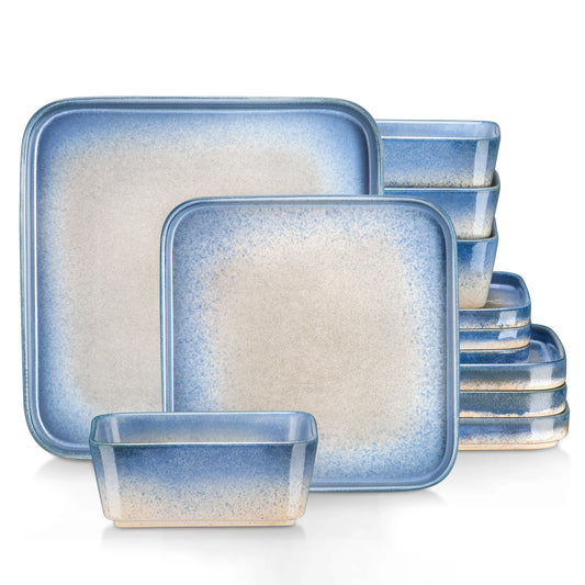 The Horizon Collection: Soft-Square Reactive Glaze Dinner Set in Sand & Sea | 12 or 24-Piece