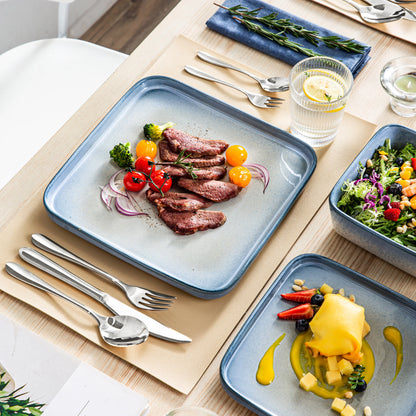 The Horizon Collection: Soft-Square Reactive Glaze Dinner Set in Sand & Sea | 12 or 24-Piece