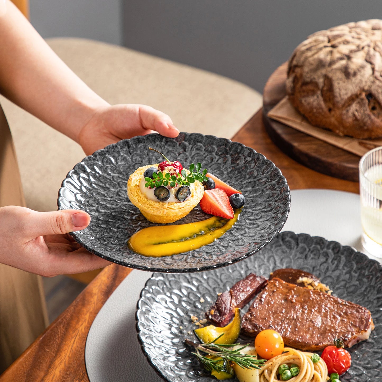 The Chrys Collection: Radiant Petal Relief Stoneware in Charcoal Mist | 12 or 24-Piece