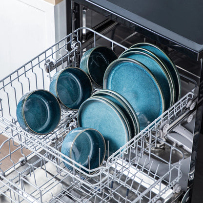 The Vega Abyss Collection: Architectural Reactive Glaze Dinner Set in Deep Teal | 12 or 24-Piece