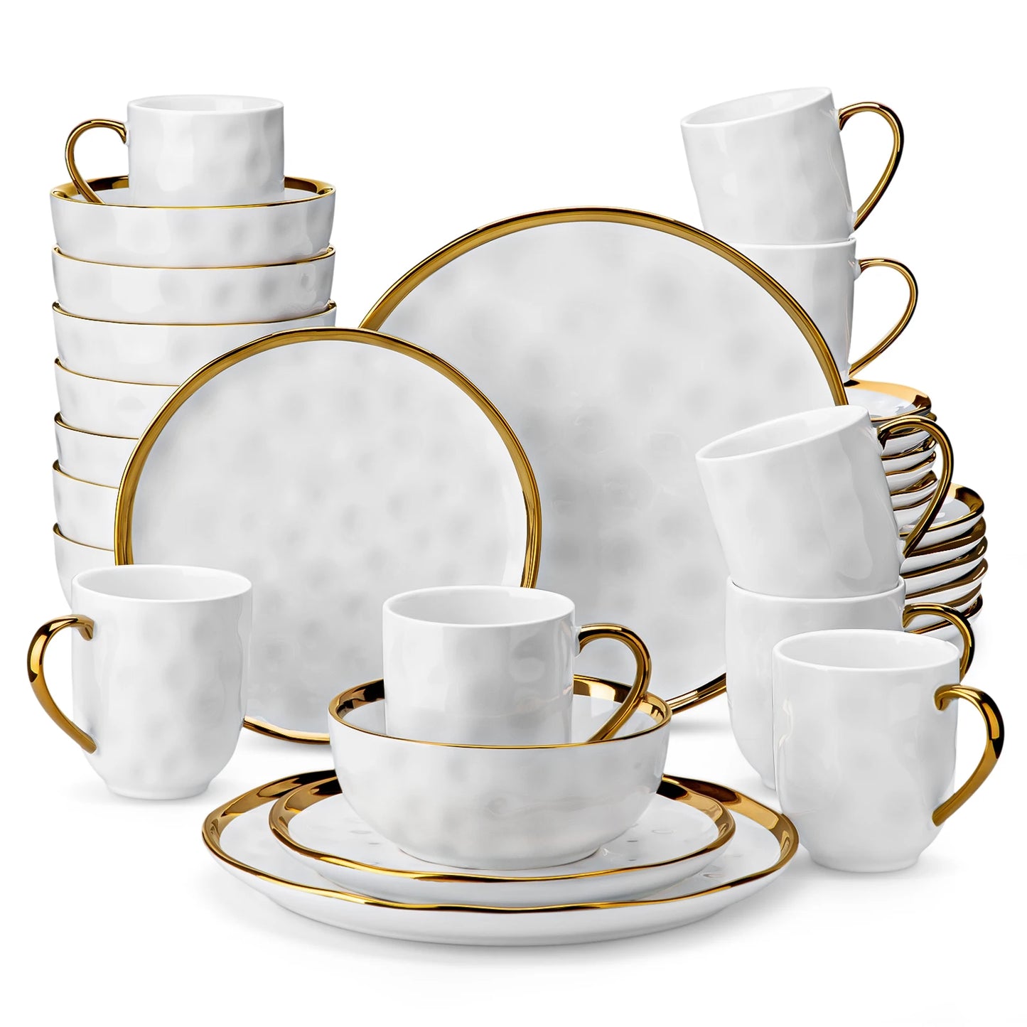 The Pearl Gilded Collection: Hammered Porcelain Dinner Set with Hand-Painted Gold Rim | 16 or 32-Piece