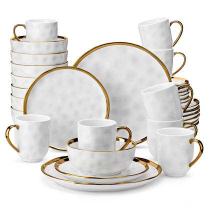 The Pearl Gilded Collection: Hammered Porcelain Dinner Set with Hand-Painted Gold Rim | 16 or 32-Piece