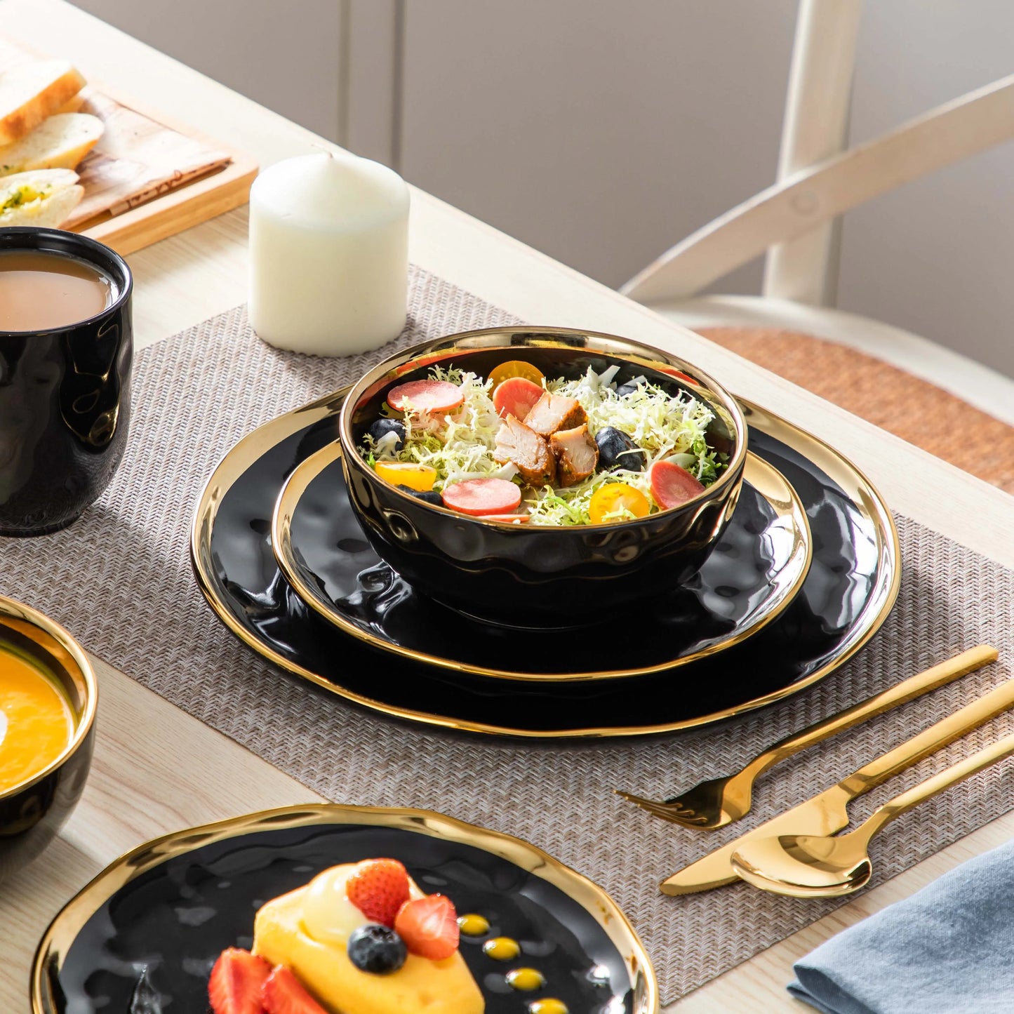 The Obsidian Gilded Collection: Hammered Black Porcelain Dinner Set with Hand-Painted Gold Rim | 16 or 32-Piece