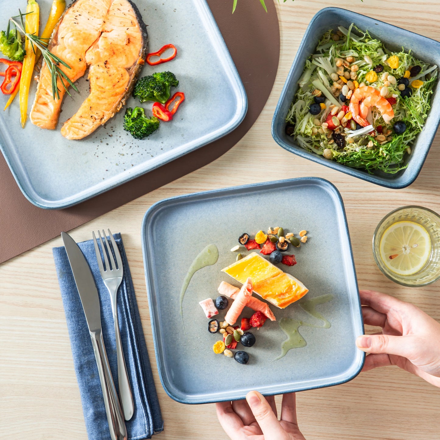 The Horizon Collection: Soft-Square Reactive Glaze Dinner Set in Sand & Sea | 12 or 24-Piece