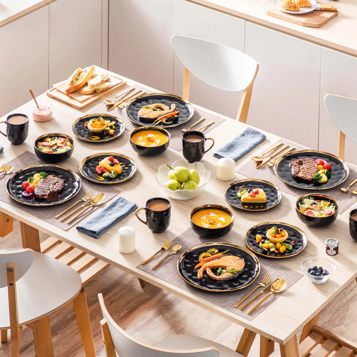 The Obsidian Gilded Collection: Hammered Black Porcelain Dinner Set with Hand-Painted Gold Rim | 16 or 32-Piece