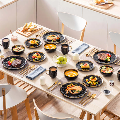 The Obsidian Gilded Collection: Hammered Black Porcelain Dinner Set with Hand-Painted Gold Rim | 16 or 32-Piece