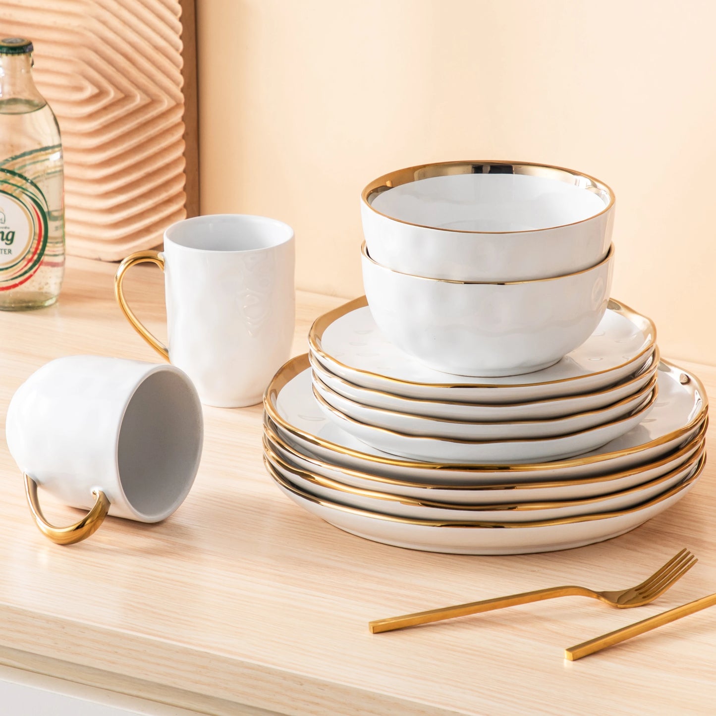 The Pearl Gilded Collection: Hammered Porcelain Dinner Set with Hand-Painted Gold Rim | 16 or 32-Piece