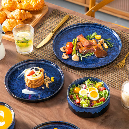 The Celestial Reactive Glaze Collection: Artisan Stoneware Dinner Set in Midnight Cobalt | Kiln-Fired Service for 12, 24, or 36