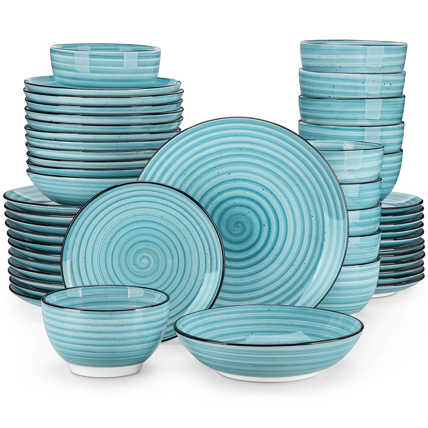 The Tidal Rhythm Collection: Hand-Painted Azure Spiral Porcelain | 24 or 48-Piece