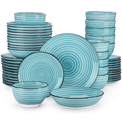 The Tidal Rhythm Collection: Hand-Painted Azure Spiral Porcelain | 24 or 48-Piece