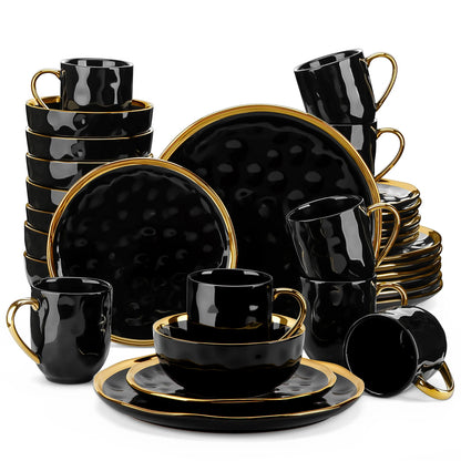 The Obsidian Gilded Collection: Hammered Black Porcelain Dinner Set with Hand-Painted Gold Rim | 16 or 32-Piece