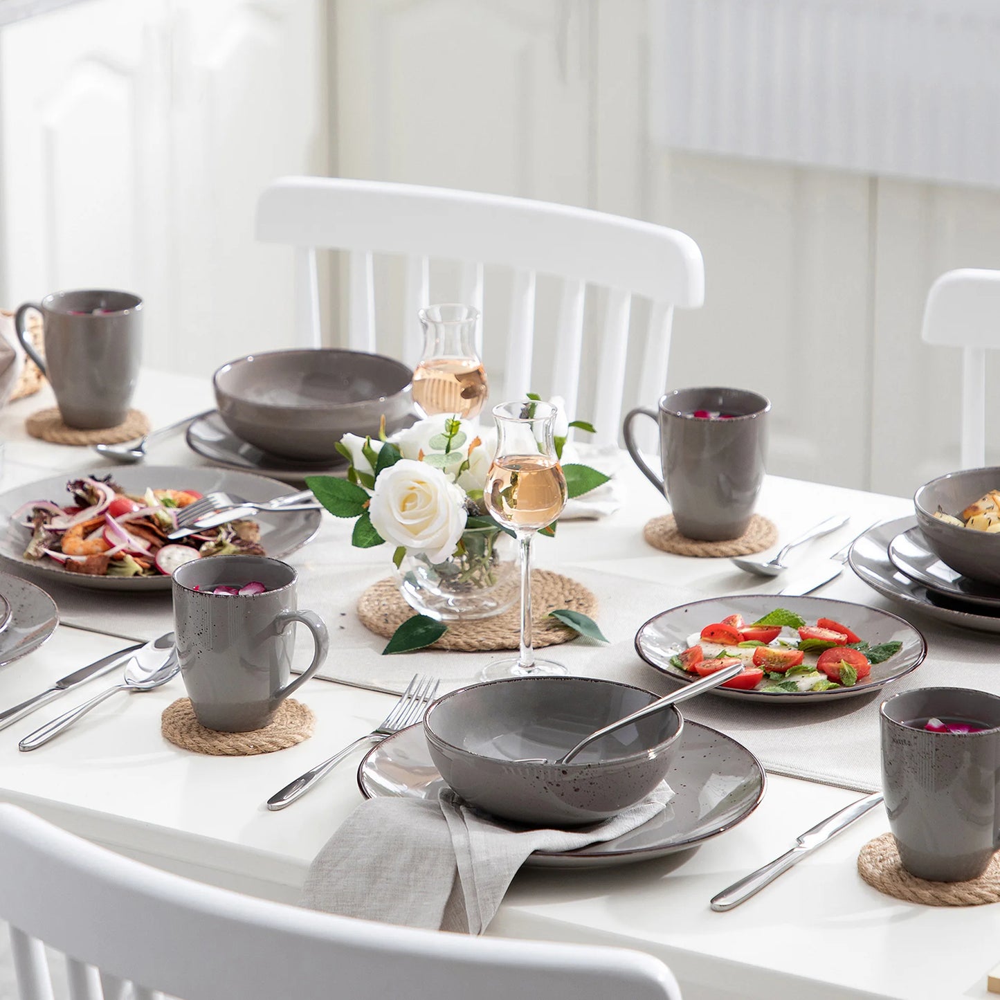 The Hearthstone Mist Collection: Artisan Speckled Stoneware Dinner Set | 16, 32, or 48-Piece