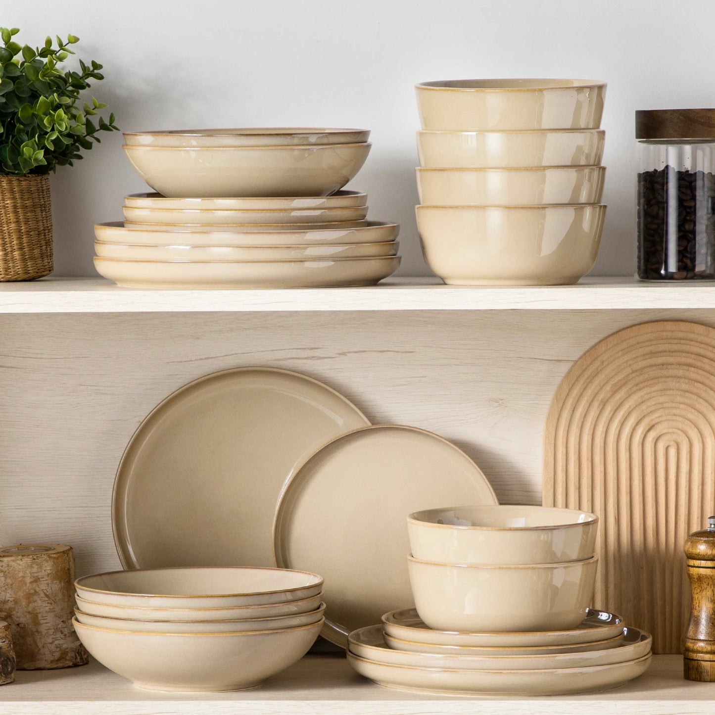 The Dune & Driftwood Collection: Artisan Reactive Glaze Stoneware in Warm Sand | 12, 16, 18, or 24-Piece