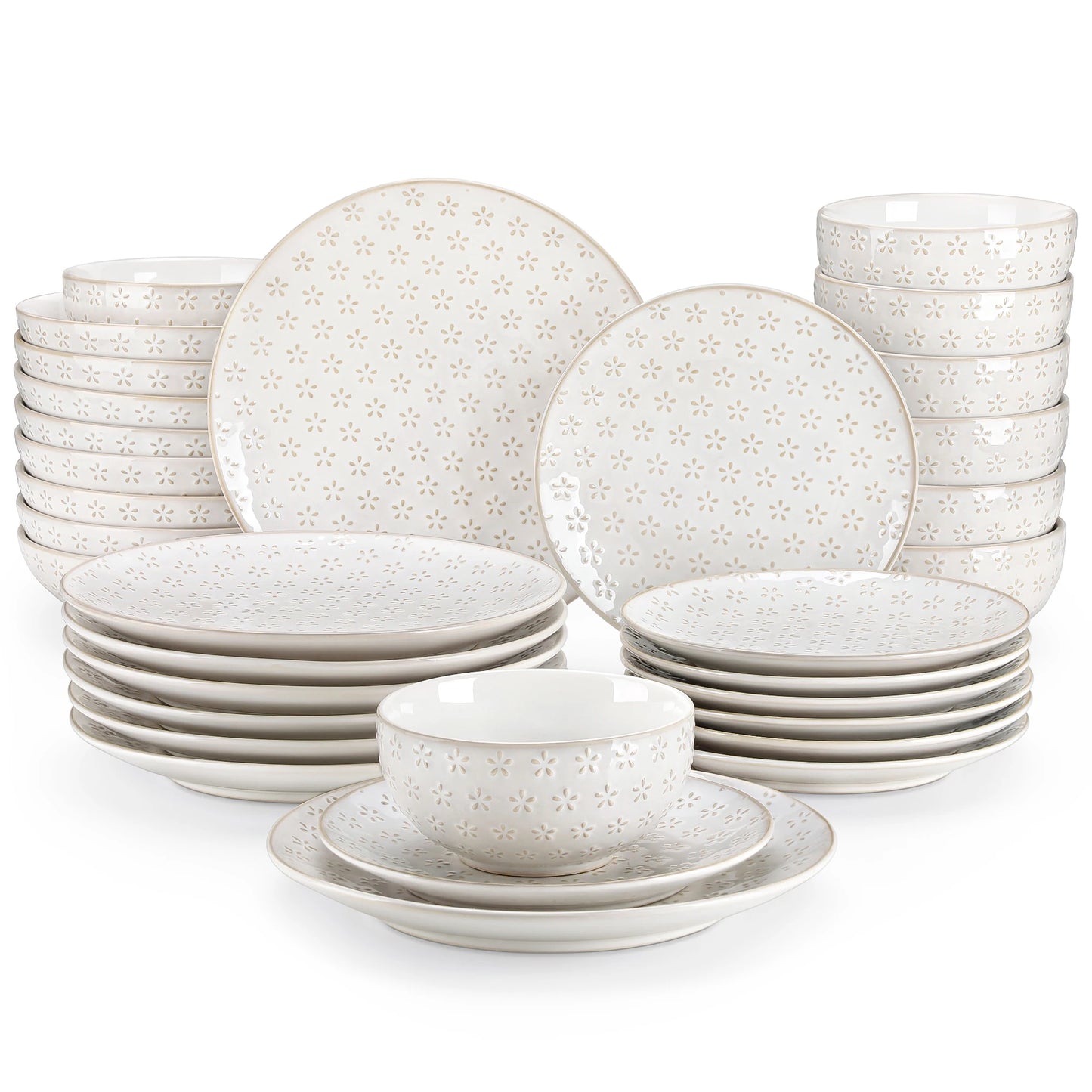 The Lydia Relief Collection: Soft-Square Embossed Porcelain Dinner Set | 16 or 32-Piece