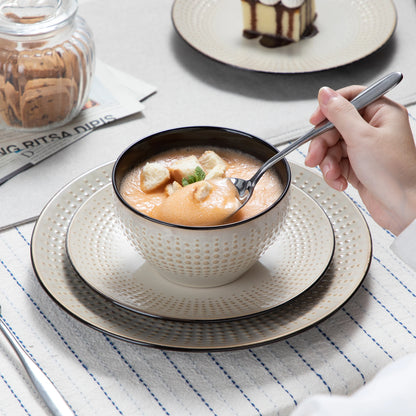 The Guto Earth Collection: Sculpted Raindrop Relief Stoneware in Sandy Beige | 16, 32, or 48-Piece