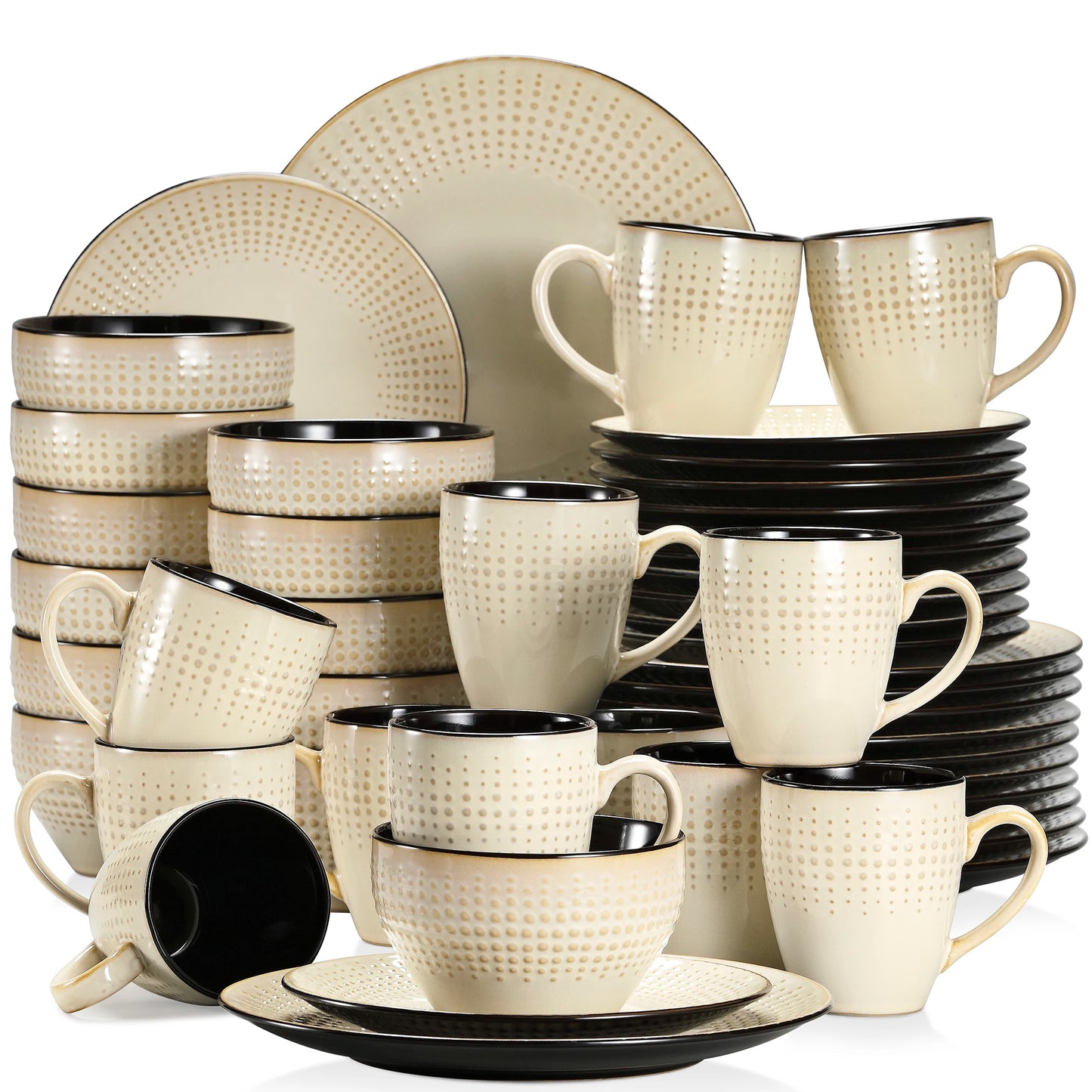 The Guto Earth Collection: Sculpted Raindrop Relief Stoneware in Sandy Beige | 16, 32, or 48-Piece