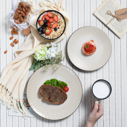 The Guto Earth Collection: Sculpted Raindrop Relief Stoneware in Sandy Beige | 16, 32, or 48-Piece